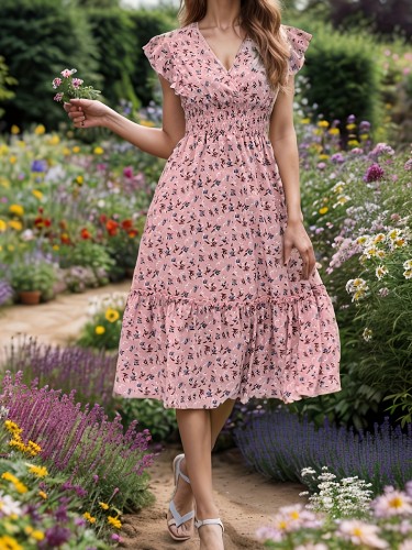 Floral Print Surplice Neck Dress, Vacation Style Ruffle Sleeve Shirred Waist Ruffle Hem A-line Dress For Spring & Summer, Women's Clothing