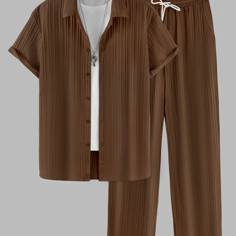 2-piece Men's Stylish Spring Summer Vacation Outfit Set, Men's Ruffled Short Sleeve Lapel Shirt & Drawstring Long Pants Set