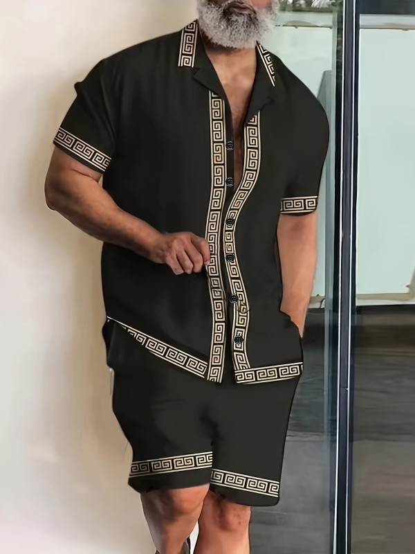 2Pcs Elegant Mens Outfit Set - Casual Short Sleeve Hawaiian Shirt with Lapel Button Up, Drawstring Shorts for Summer - Comfortable, Breathable, Relaxed Fit Mens Clothing for Vacation, Beach, Outdoor Activities