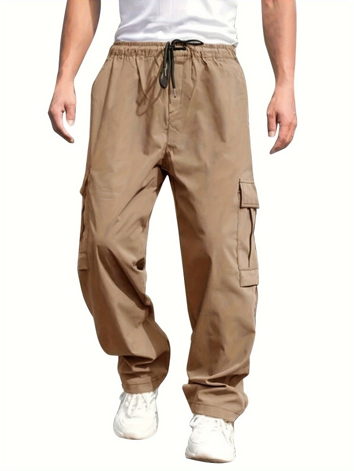 Men's Cargo Pants With Drawstring And Pockets In Solid Color, Loose Fit And Trendy For Casual Wear