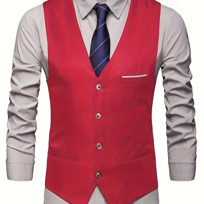 V Neck Smart Suit Vest, Men's Casual Retro Style Solid Color Single Breasted Waistcoat For Dinner Suit Match