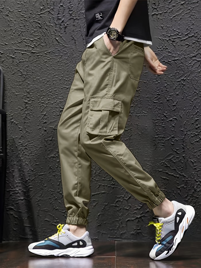 Men's Cuffed Cargo Pants With Pockets In Solid Color, Loose Fit And Trendy For Casual Wear And Outdoor Activity