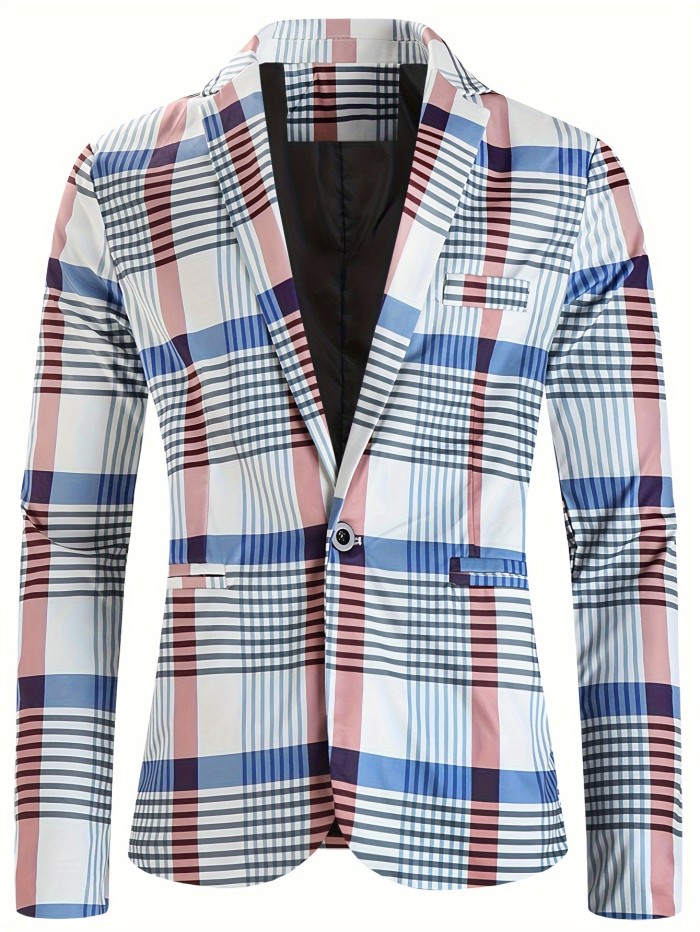 Men's Plaid One-Botton Blazer Jacket, Fashion Tailored Fit Suit Coat With Notch Lapels For Leisure Business Party