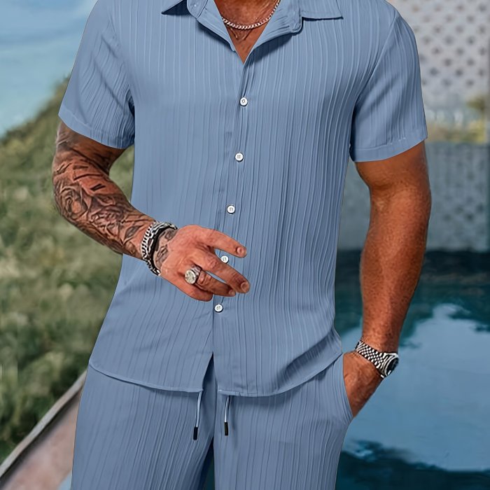 Men's Summer Two-Piece Set Casual Pleated Striped Shirt with Drawstring Shorts, Short Sleeve Workwear Outfit, Lounge Suit