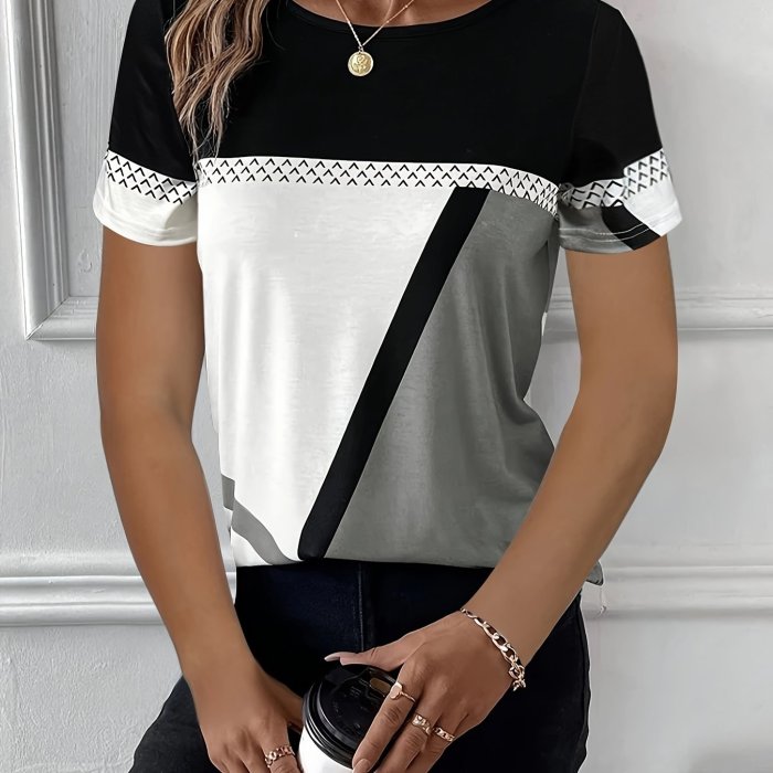 Trendy Color Block Womens Tee - Soft, Breathable Crew Neck Top for Casual Spring & Summer Wear