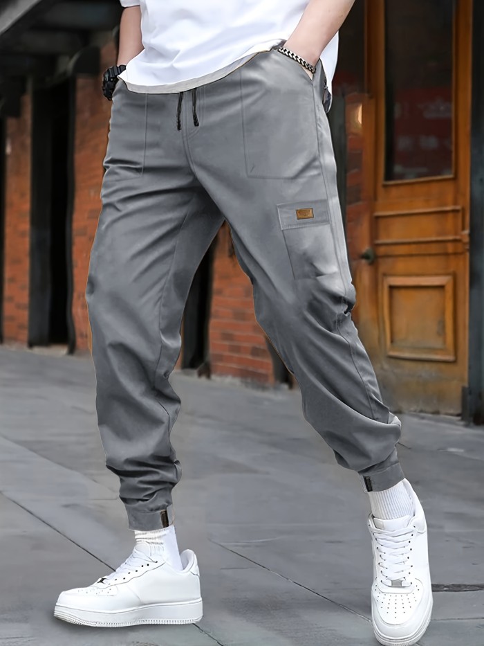 Men's Cuffed Casual Pants With Drawstring And Pockets In Solid Color, Perfect For Sports And Outdoors