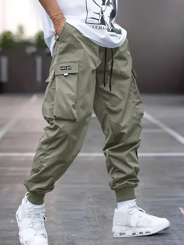 Men's Casual Cuffed Pants With Drawstring & Pockets, Men's Stylish Comfy Pants For Daily Wear