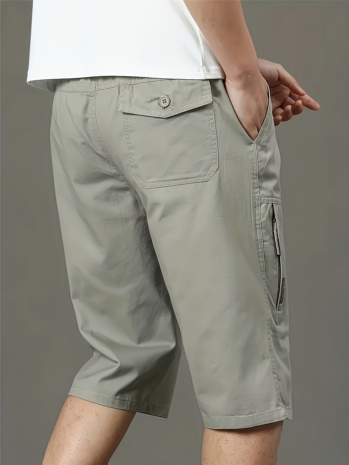 Men's 100% Cotton Solid Cargo Shorts With Multi Pockets, Casual Loose Shorts For Summer
