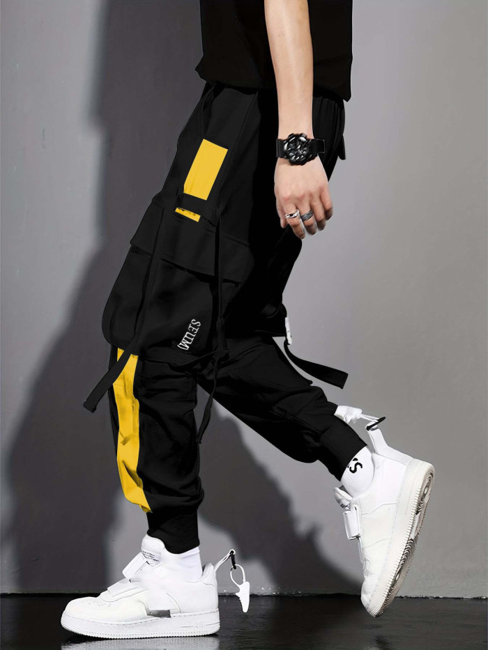 Multi-pocket Ribbon Design, Men's Color Block Cargo, Trendy Comfy Jogger Pants