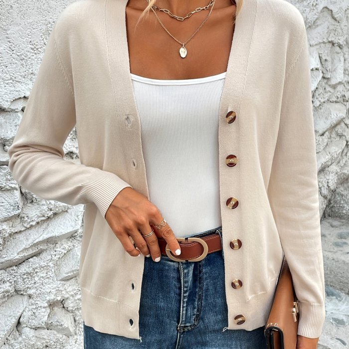 Solid Color Button Front Top, Elegant V Neck Long Sleeve Cardigans Top For Every Day, Women's Clothing