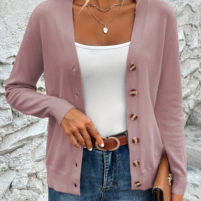 Solid Color Button Front Top, Elegant V Neck Long Sleeve Cardigans Top For Every Day, Women's Clothing