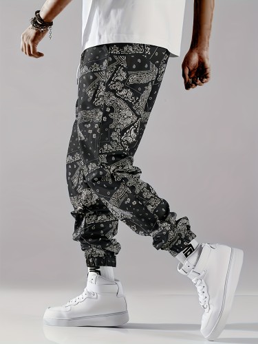 Mens Fashionable Paisley Print Footed Trousers - Comfortable Drawstring Waist, Allover Pattern, Soft Fabric, Ideal for Spring and Fall Outdoor Activities - Casual Street Style Leggings for Men