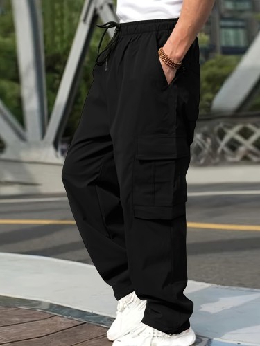 Trendy Solid Cargo Pants, Men's Multi Flap Pocket Trousers, Loose Casual Outdoor Pants, Men's Work Pants Outdoors Streetwear Hip Hop Style