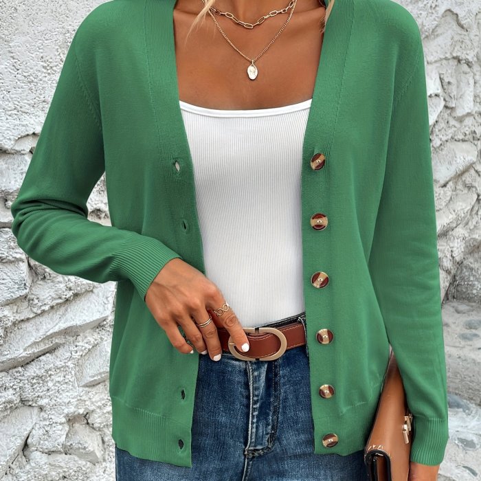 Solid Color Button Front Top, Elegant V Neck Long Sleeve Cardigans Top For Every Day, Women's Clothing