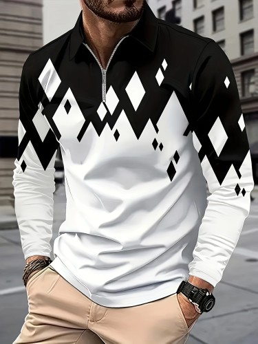Color-block Men's All-over Digitally Printed Long-sleeved Roll-neck Shirt, Spring And Autumn Outdoor Men's Comfortable And Fashionable Light Top