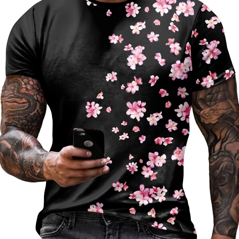 Mens Vibrant Floral Print Short Sleeve Crew Neck T-Shirt - Breathable, Soft, and Comfortable Casual Tee for Summer Outdoor Activities - Ideal Mens Clothing for Warm Weather