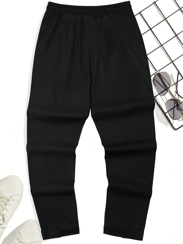 Men's Cuffed Casual Pants With Drawstring And Pockets In Solid Color, Perfect For Sports And Outdoors