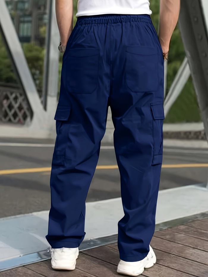 Men's Cargo Pants With Drawstring And Pockets In Solid Color, Loose Fit And Trendy For Casual Wear