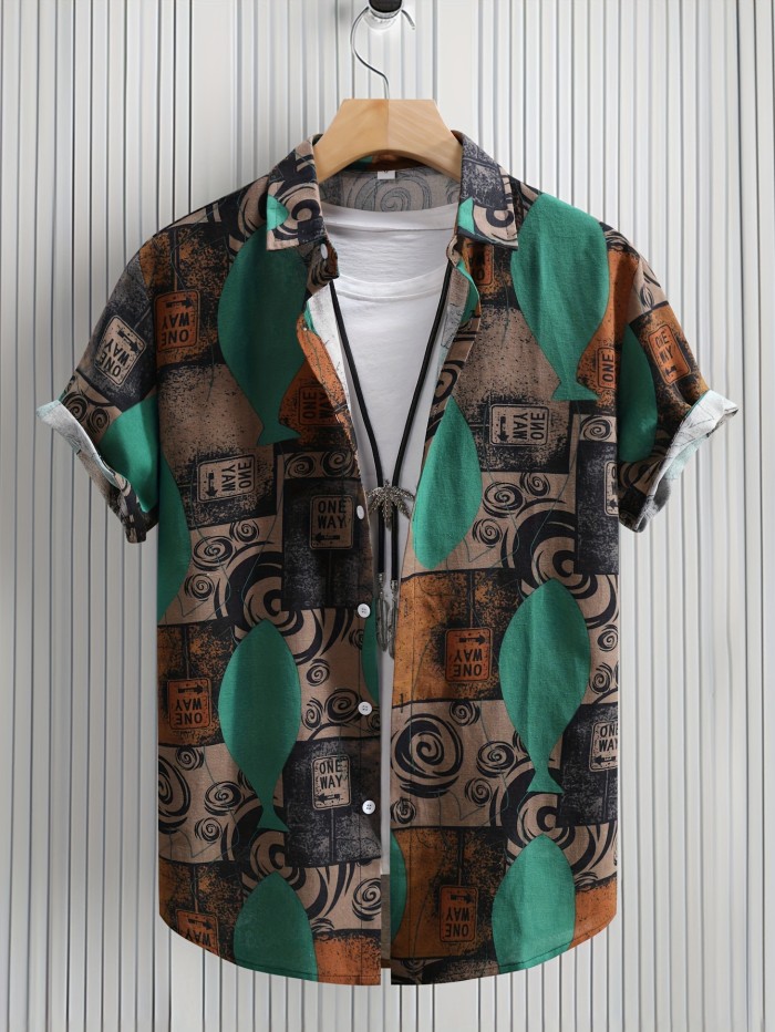 Stylish Mens Geometric Print Shirt - Breathable, Loose Fit, Short Sleeve, Lapel Collar, Button Up, Casual Wear for Summer Outdoor Activities and Daily Life