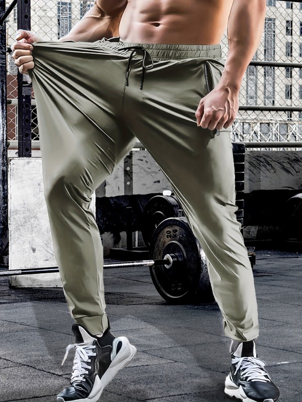 Summer Spring Men's Waist Drawstring Quick Dry High Stretch Solid Color Sports Training Outdoor Long Pants With Zipper Pockets