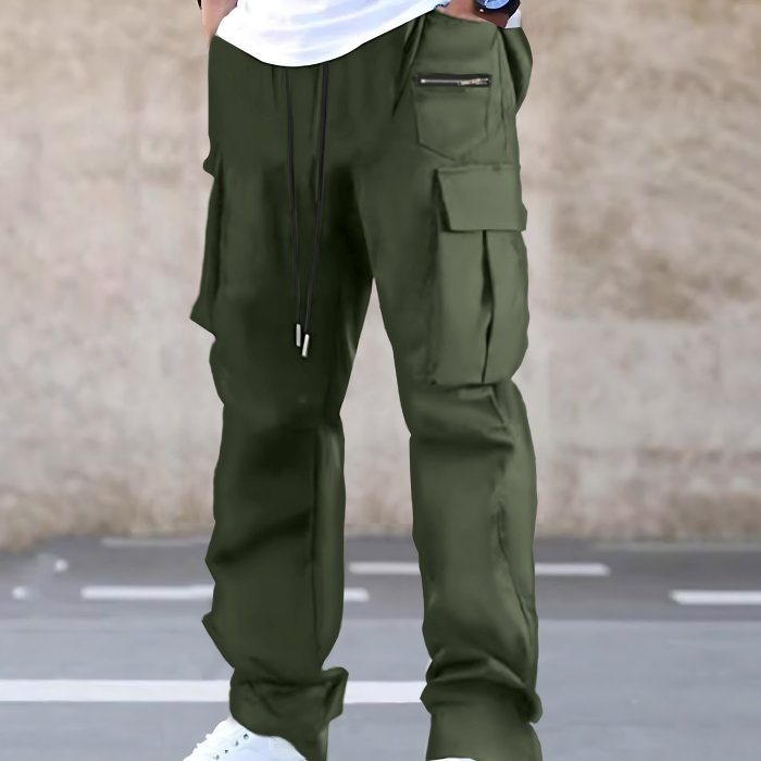 Mens Solid Long Drawstring Cargo Straight Leg Pants - Loose Fit, Non-Stretch Polyester, Multiple Pockets, Machine Washable - Perfect for Outdoor Sports, Beach, Weekend Casual, and Night Out