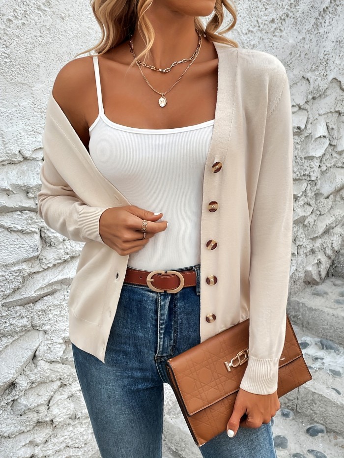 Solid Color Button Front Top, Elegant V Neck Long Sleeve Cardigans Top For Every Day, Women's Clothing