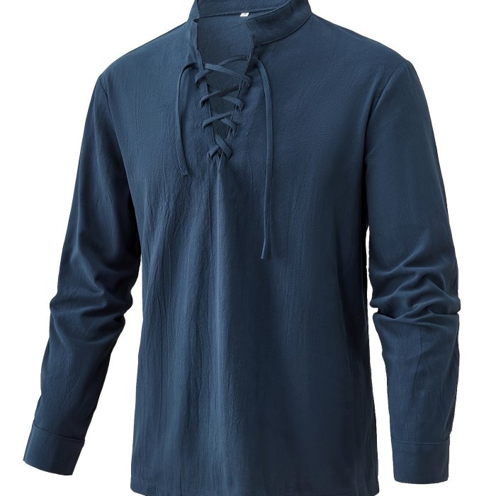 Cotton Men's Long Sleeve Retro Medieval Pirate Shirt, Lace Up Casual Beach Tops, Festival Halloween Party Dress Shirt, Solid V-Neck Tops For Men