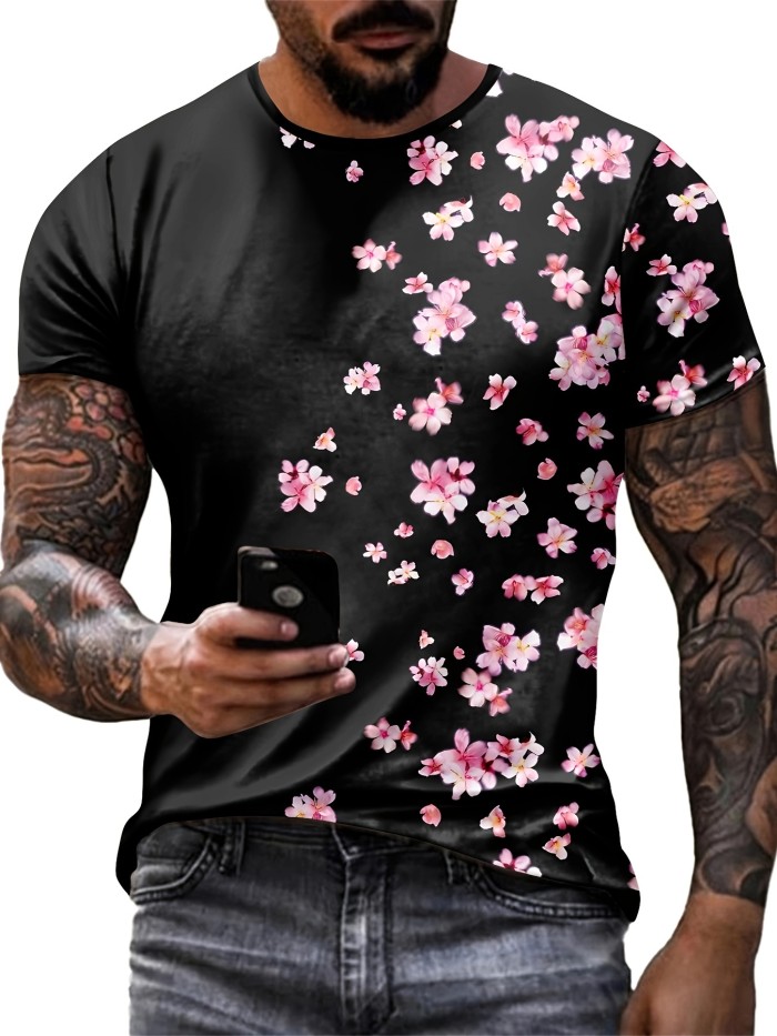 Mens Vibrant Floral Print Short Sleeve Crew Neck T-Shirt - Breathable, Soft, and Comfortable Casual Tee for Summer Outdoor Activities - Ideal Mens Clothing for Warm Weather