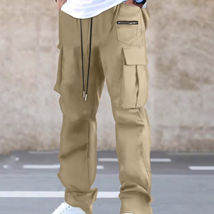 Mens Solid Long Drawstring Cargo Straight Leg Pants - Loose Fit, Non-Stretch Polyester, Multiple Pockets, Machine Washable - Perfect for Outdoor Sports, Beach, Weekend Casual, and Night Out
