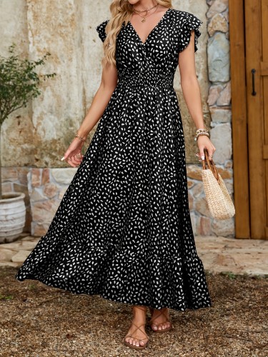 Allover Print Surplice Neck Dress, Elegant Ruffle Sleeve Shirred Waist A-line Dress For Spring & Summer, Women's Clothing