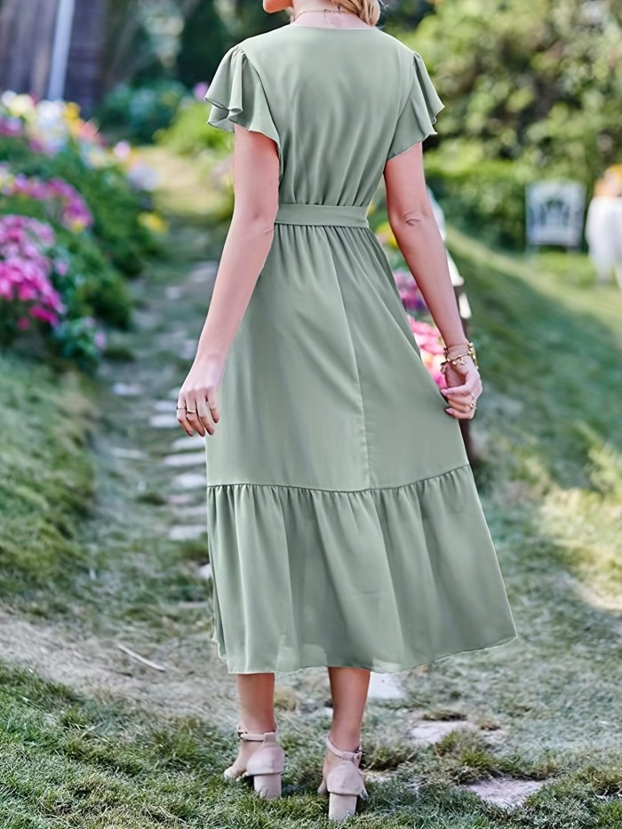 Solid Surplice Neck Dress, Elegant Ruffle Sleeve Belted Dress For Spring & Summer, Women's Clothing