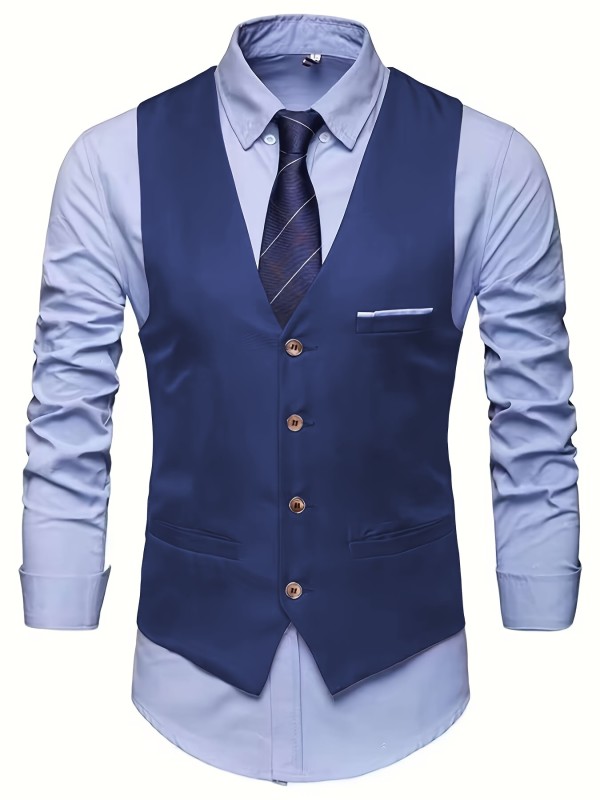 V Neck Smart Suit Vest, Men's Casual Retro Style Solid Color Single Breasted Waistcoat For Dinner Suit Match