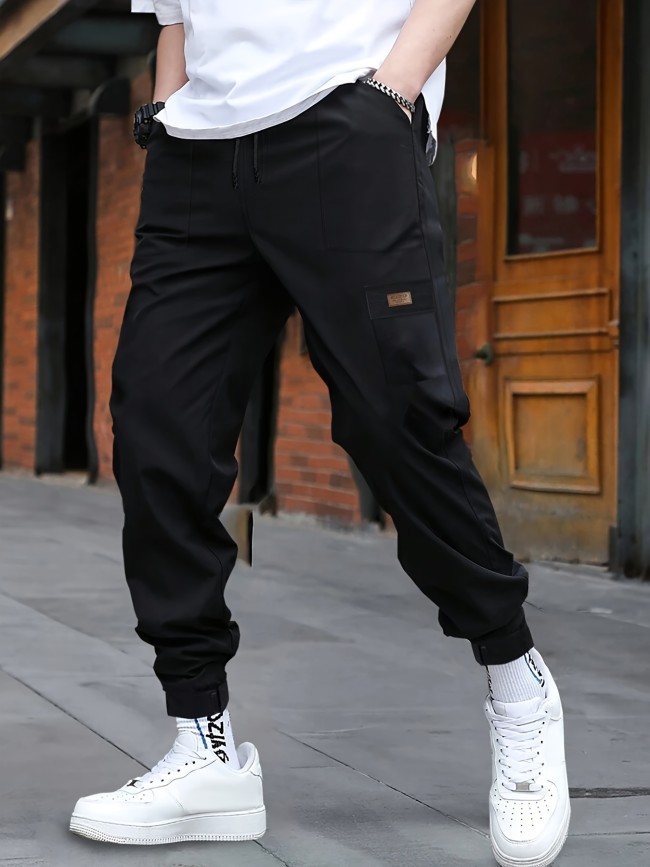 Men's Cuffed Casual Pants With Drawstring And Pockets In Solid Color, Perfect For Sports And Outdoors