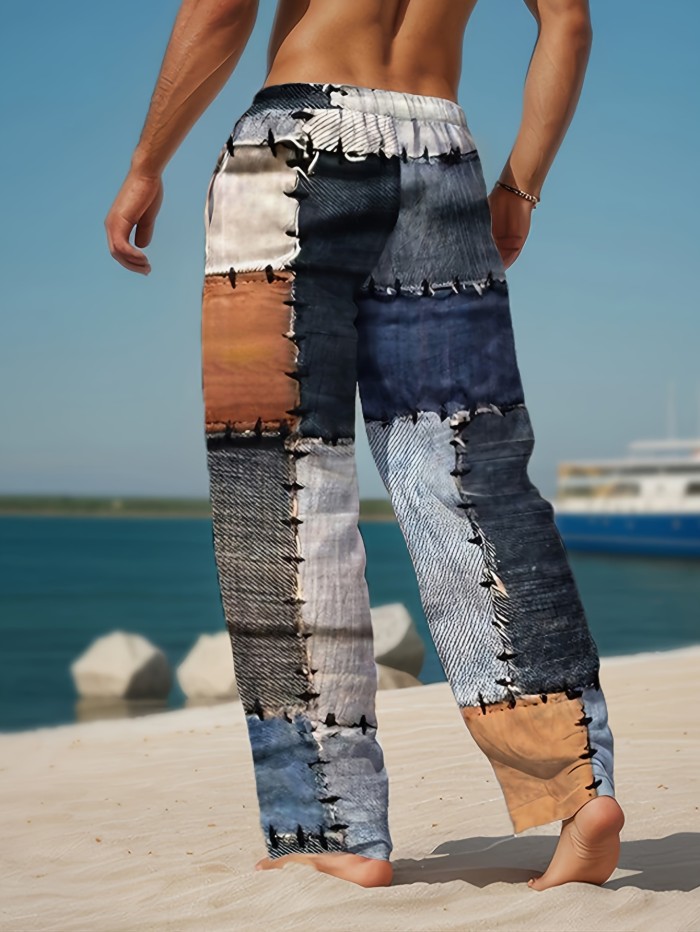 Men's 3D Color Blocked Patchwork Pattern Print Casual Drawstring Waist Beach Pants, Lightweight Outdoor Long Trousers For Summer