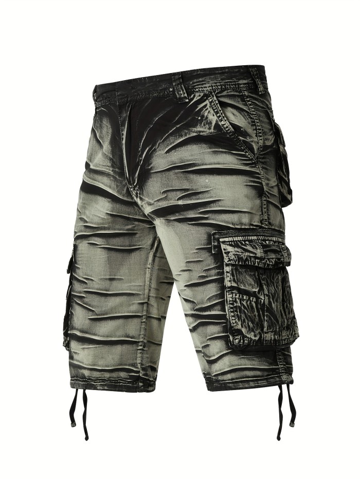 Camo Pattern Cotton Breathable Men's Embroidery Cargo Short Pants, Lightweight Flap Pocket Loose Trendy Shorts, Men's Work Pants Outdoors For Hiking Fishing