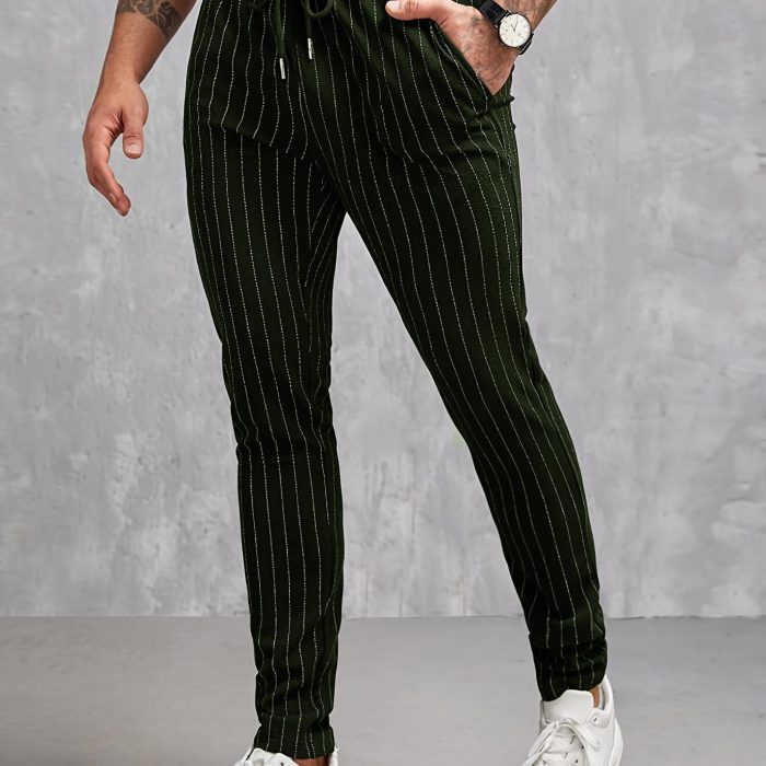 Contrast Color Stripe Pattern Men's Regular Fit And Cuffed Pants With Drawstring And Pockets, Chic And Casual Trousers Suitable For Outdoors And Business Wear