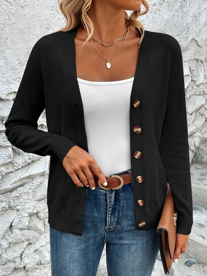 Solid Color Button Front Top, Elegant V Neck Long Sleeve Cardigans Top For Every Day, Women's Clothing