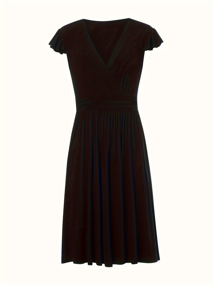 Solid Color Surplice Neck Dress, Elegant Flutter Sleeve Ruffle Hem Midi Dress, Women's Clothing