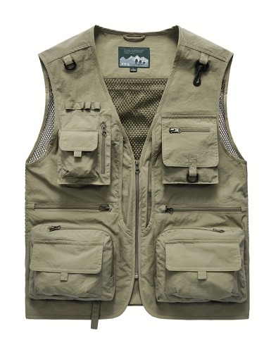 Breathable Mesh Zip Up Cargo Vest For Men - Perfect For Fishing, Hiking, And Trekking In Summer With Multiple Pockets