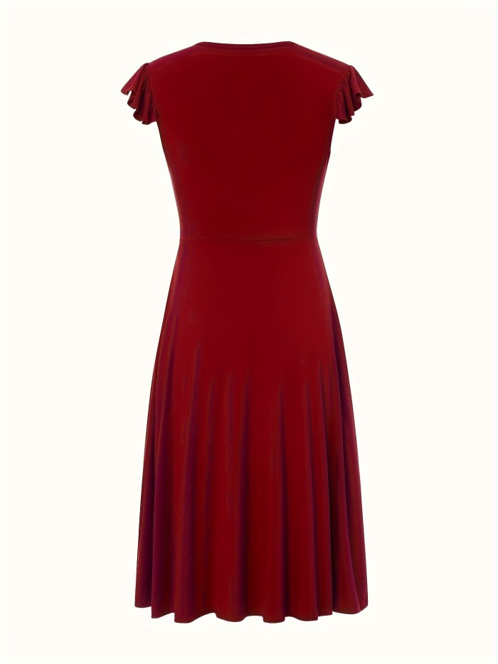 Solid Color Surplice Neck Dress, Elegant Flutter Sleeve Ruffle Hem Midi Dress, Women's Clothing