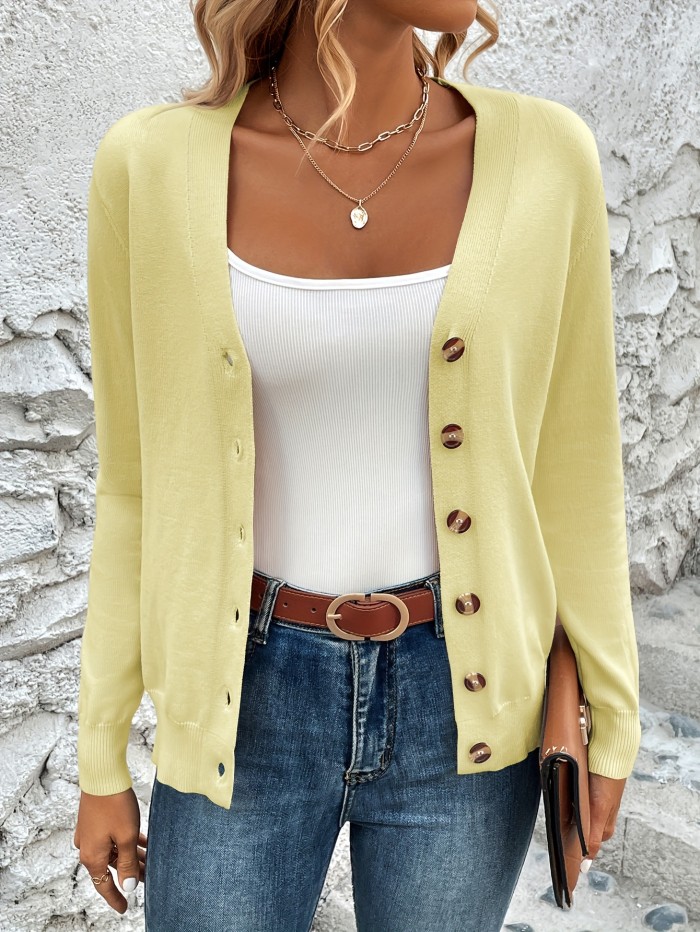 Solid Color Button Front Top, Elegant V Neck Long Sleeve Cardigans Top For Every Day, Women's Clothing