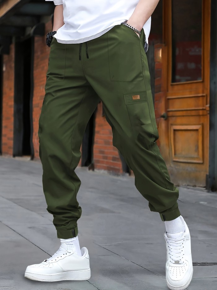Men's Cuffed Casual Pants With Drawstring And Pockets In Solid Color, Perfect For Sports And Outdoors
