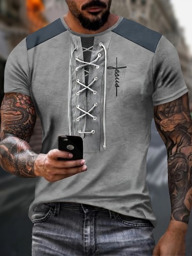 Men's Summer Fashion T-shirt, Letter Print Contrast Color Deep Tied Henley Neck And Short Sleeve Tee, Chic And Trendy Sports Tops For Outdoors Leisurewear