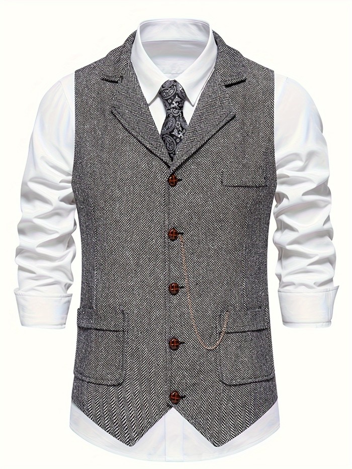 Men's Retro Herringbone Single Breasted Dress Waistcoat, Elegant Lapel Vest For Business Banquet Wedding