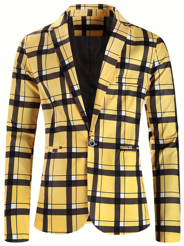 Men's Plaid One-Botton Blazer Jacket, Fashion Tailored Fit Suit Coat With Notch Lapels For Leisure Business Party