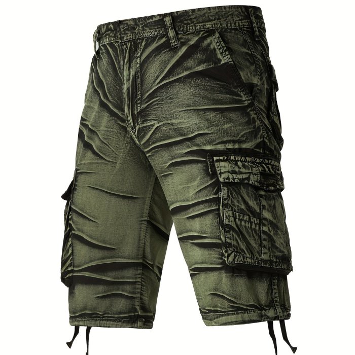Camo Pattern Cotton Breathable Men's Embroidery Cargo Short Pants, Lightweight Flap Pocket Loose Trendy Shorts, Men's Work Pants Outdoors For Hiking Fishing