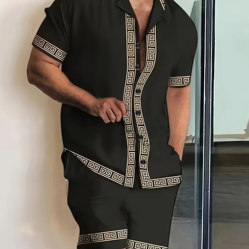 2Pcs Elegant Mens Outfit Set - Casual Short Sleeve Hawaiian Shirt with Lapel Button Up, Drawstring Shorts for Summer - Comfortable, Breathable, Relaxed Fit Mens Clothing for Vacation, Beach, Outdoor Activities