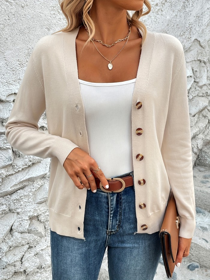 Solid Color Button Front Top, Elegant V Neck Long Sleeve Cardigans Top For Every Day, Women's Clothing