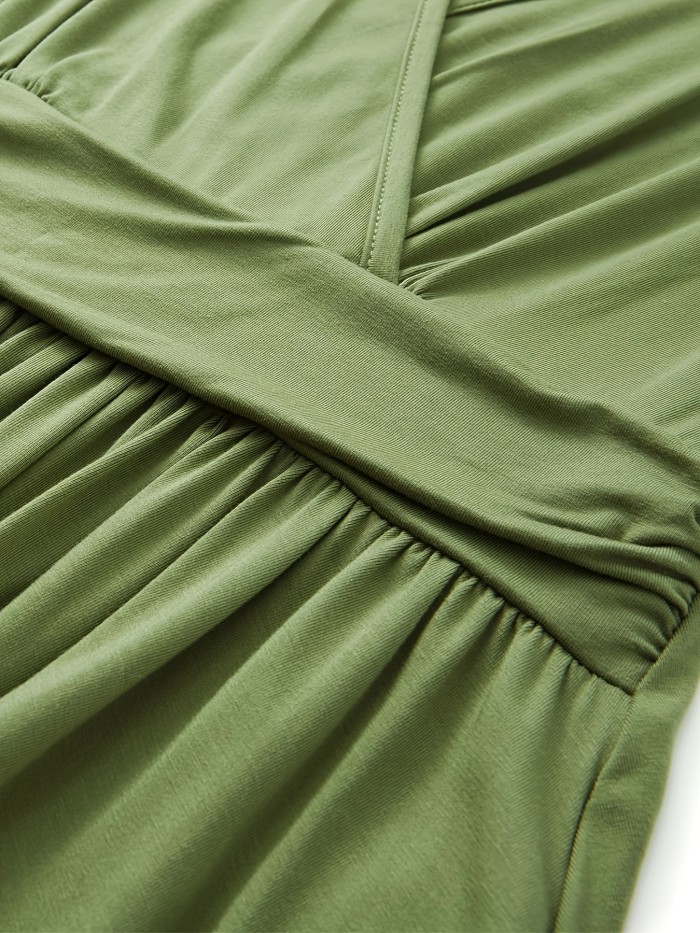 Solid Color Surplice Neck Dress, Elegant Flutter Sleeve Ruffle Hem Midi Dress, Women's Clothing