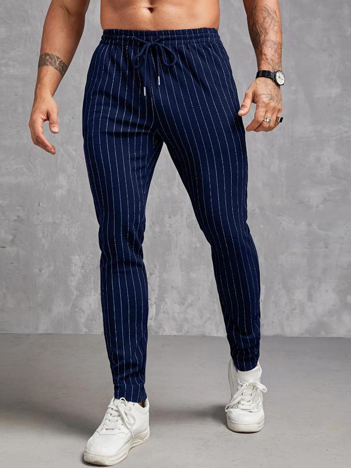 Contrast Color Stripe Pattern Men's Regular Fit And Cuffed Pants With Drawstring And Pockets, Chic And Casual Trousers Suitable For Outdoors And Business Wear